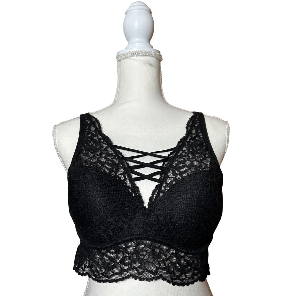 PINK‎ Victoria's Secret Black Lace Push-Up Bralette Crisscross Lingerie Medium